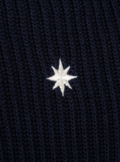 Njord compass embroidery back detail navy blue half-zip sweater