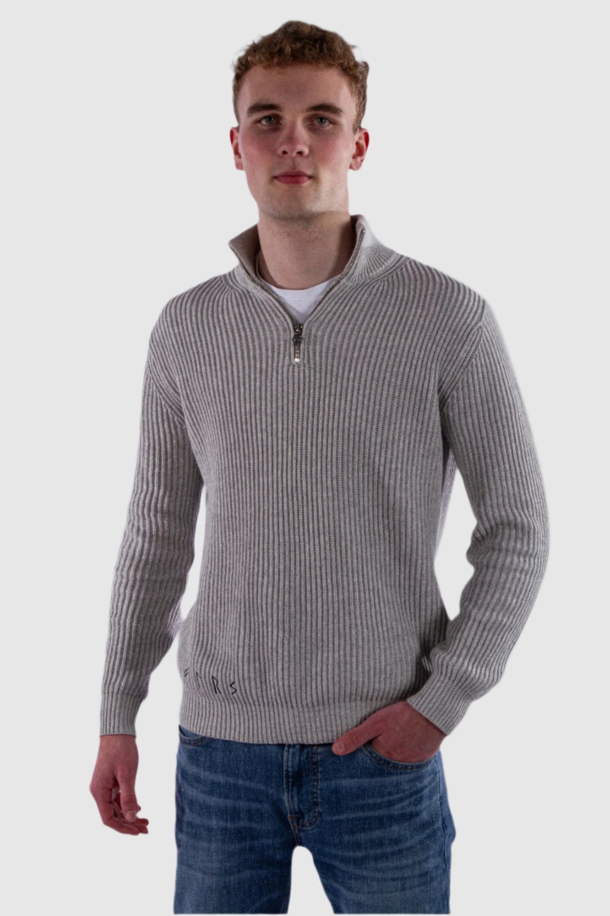 Njord model wearing gray ribbed half-zip cotton sweater