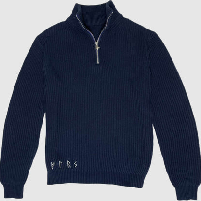 Njord men's ribbed half-zip cotton sweater navy blue flatlay